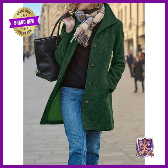 Women's Wool Blend Pea Coat Stand Collar Single Breasted Thigh Length - Picture 3 of 7